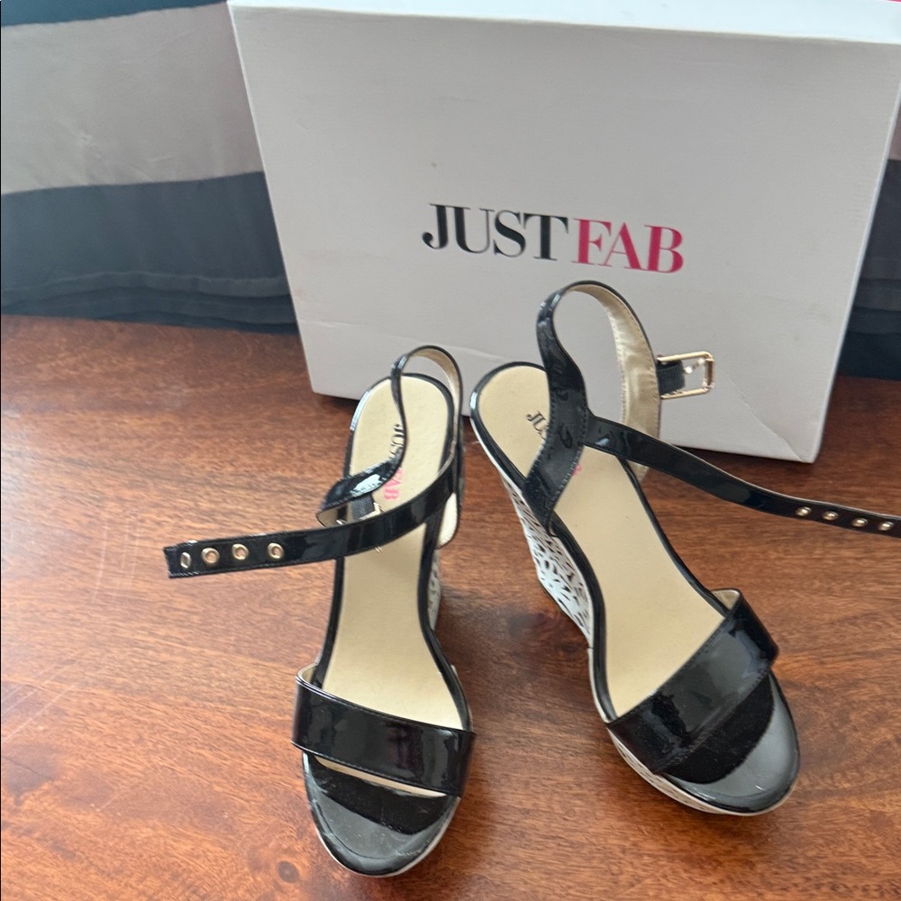 JustFab Black Patent Wedge Sandals